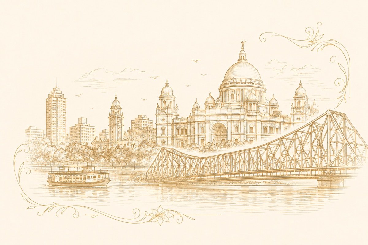 Sepia illustration of Victoria Memorial and Howrah Bridge, Kolkata